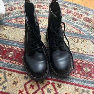 Dr. Martens Black Leather Combat Boots with Yellow Stitching